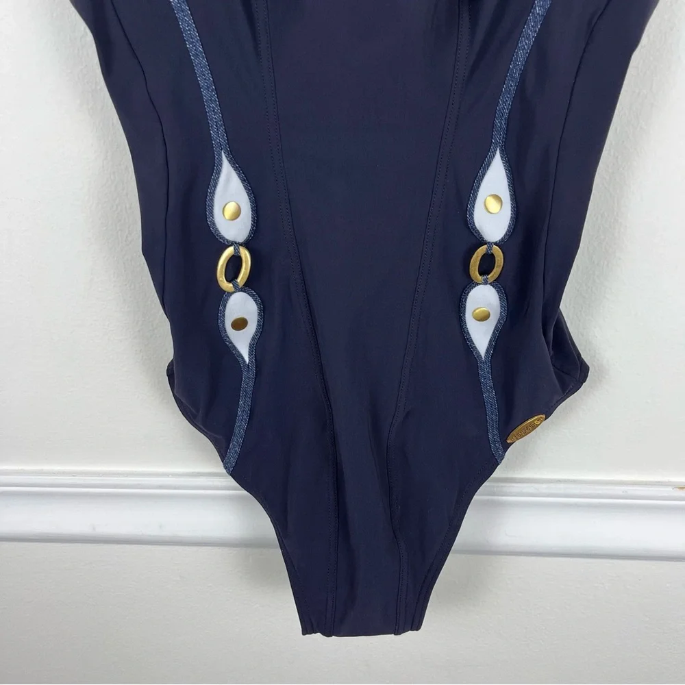 Sunflair‎ Blue Gold Square Neck Shaping One Piece Bathing Suit Size 10